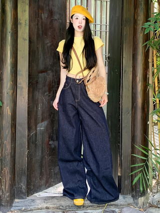 Dark Blue Retro Loose Wide-leg Pants For Women High Waist Drape Jeans Summer Versatile Mopping Trousers