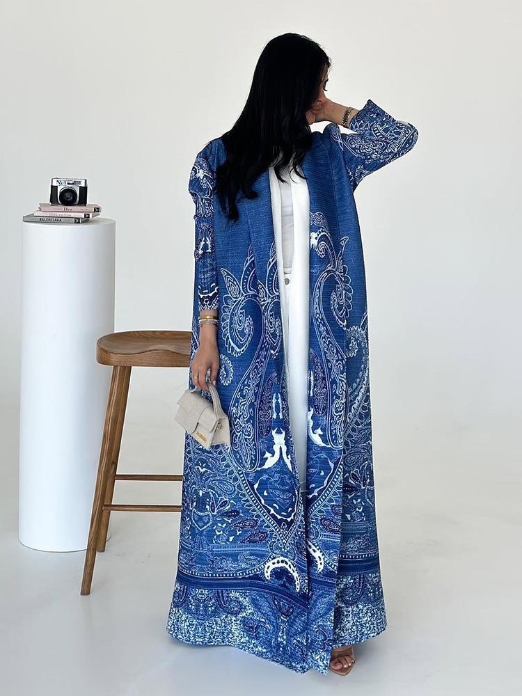 Pleated Print Cardigan Long Coat Arabic Robe Plus Size - Image 9