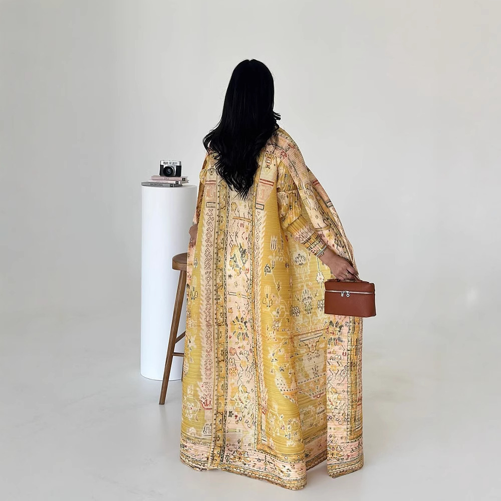 Pleated Print Cardigan Long Coat Arabic Robe Plus Size - Image 2