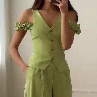 Women's Commuter High Waist Trendy Solid Color Short Sleeve Casual Two-piece Suit - Image 4