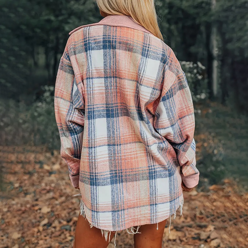 Women's Notch Lapel Check Print Long Sleeve Shirt - Button Front Pocket Detail Casual Blouse - Image 6