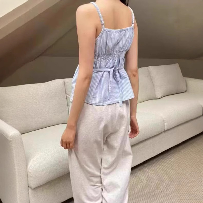 Blue And White Striped Lace V-neck Lace-up Camisole – Bild 4