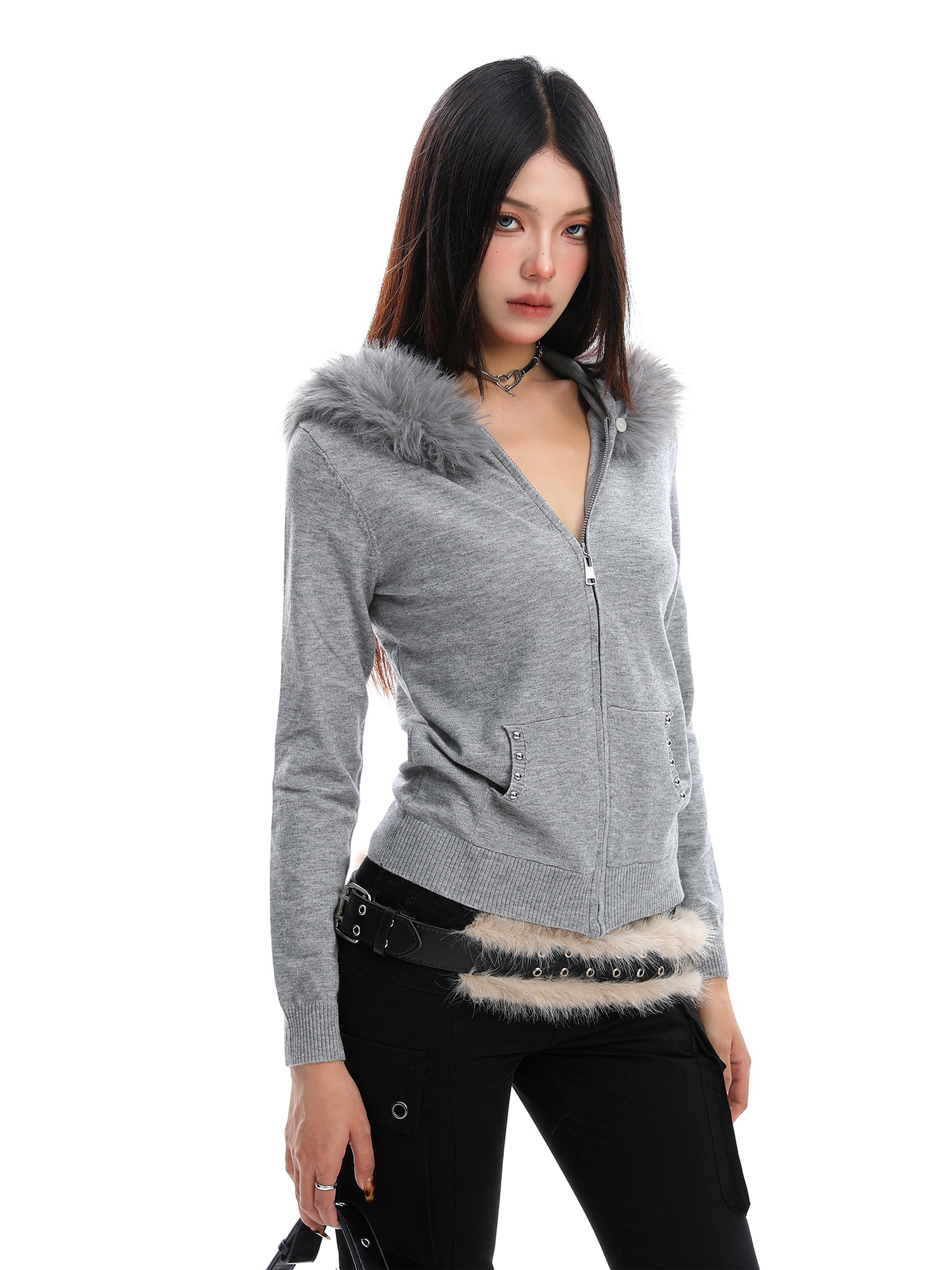 Design Sense Rivet Fur Collar Hood Sweater - Image 2