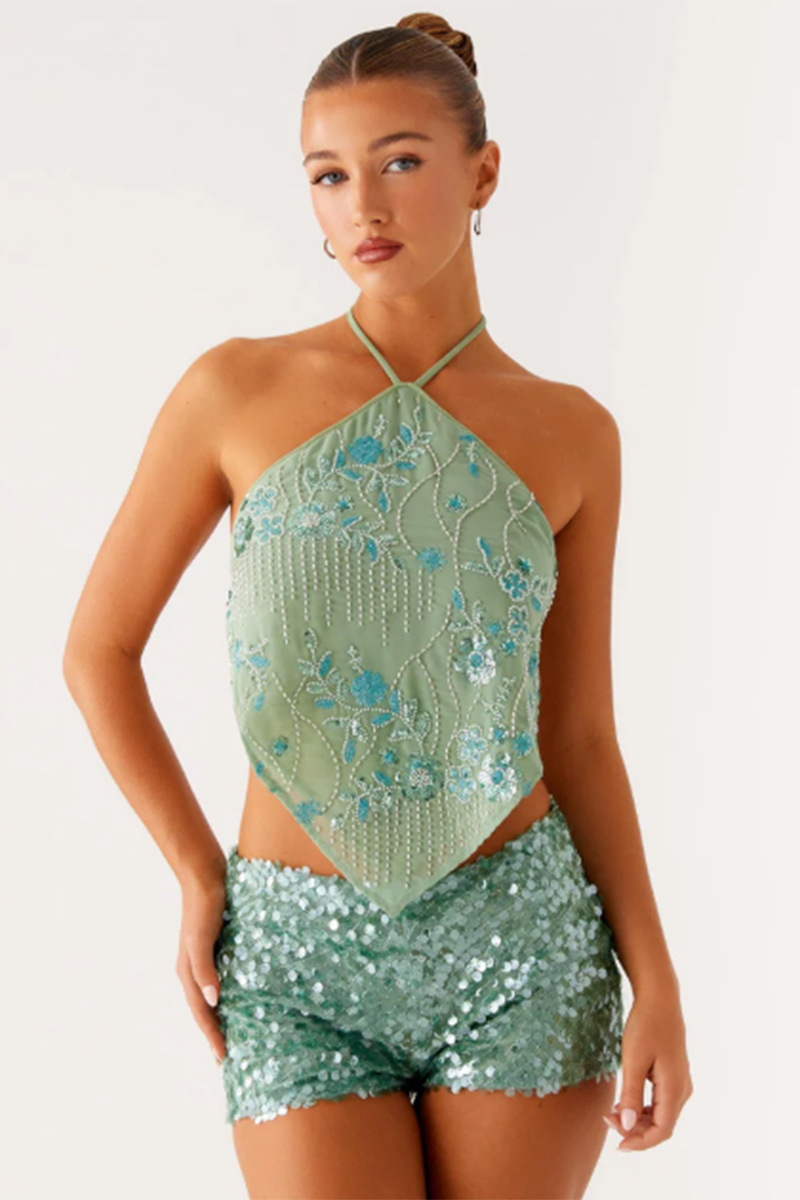 Trendy Sequined Embroidered Halter Spaghetti Straps Backless Lace-up Sleeveless Top - Image 6