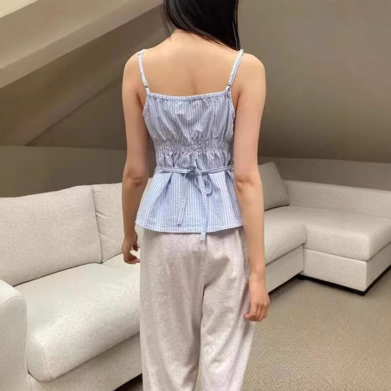 Blue And White Striped Lace V-neck Lace-up Camisole – Bild 3