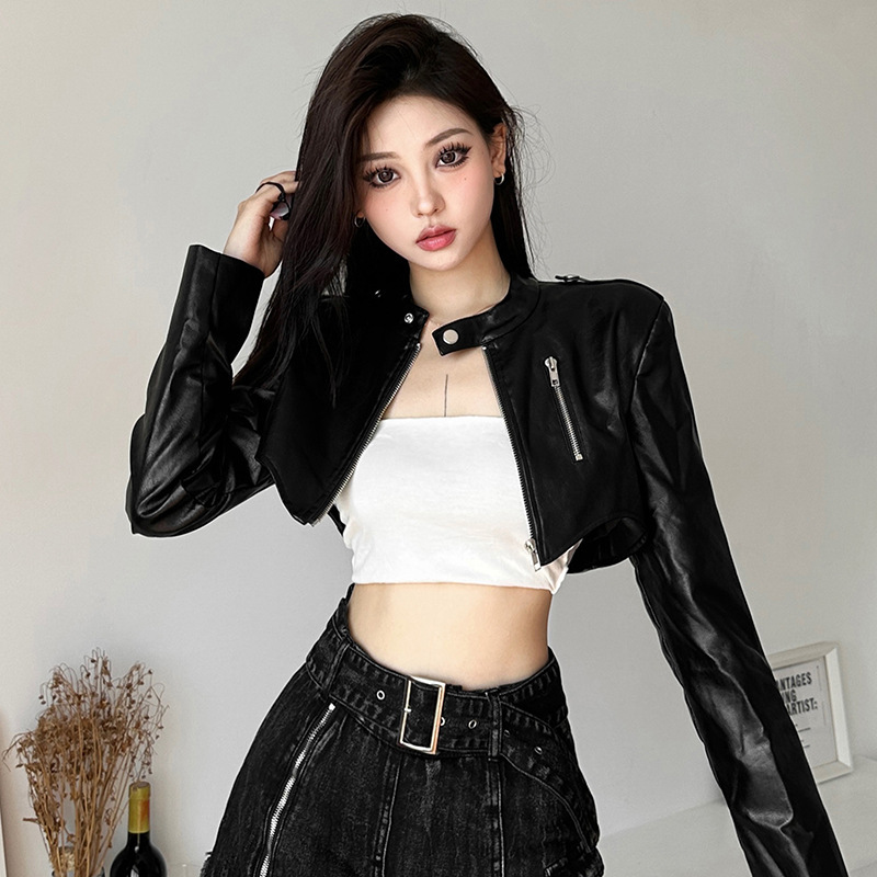 PU Leather Long-sleeved Women's High Waist Short Jacket - Image 2