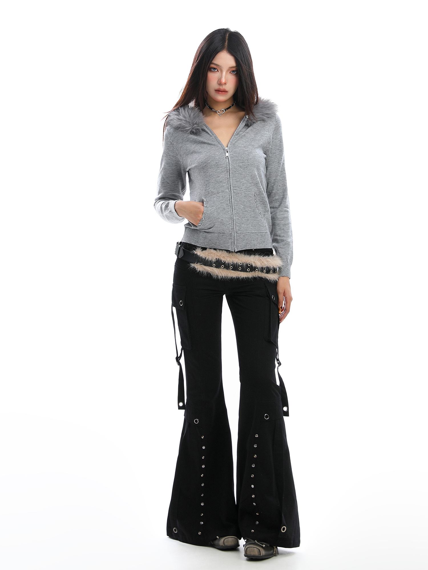 Design Sense Rivet Fur Collar Hood Sweater - Image 5