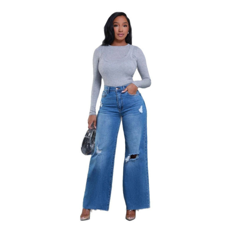 Women's Ripped High Waist Loose Straight Wide Leg Jeans — изображение 5