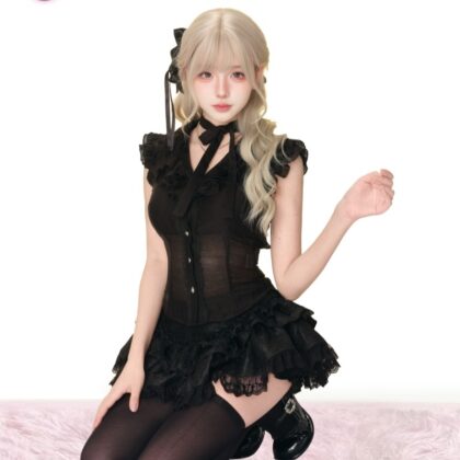 Summer Women's Black Micro Transparent Top Black Lace Cake Dress Shawl