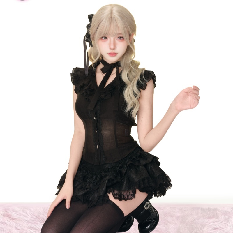 Summer Women's Black Micro Transparent Top Black Lace Cake Dress Shawl