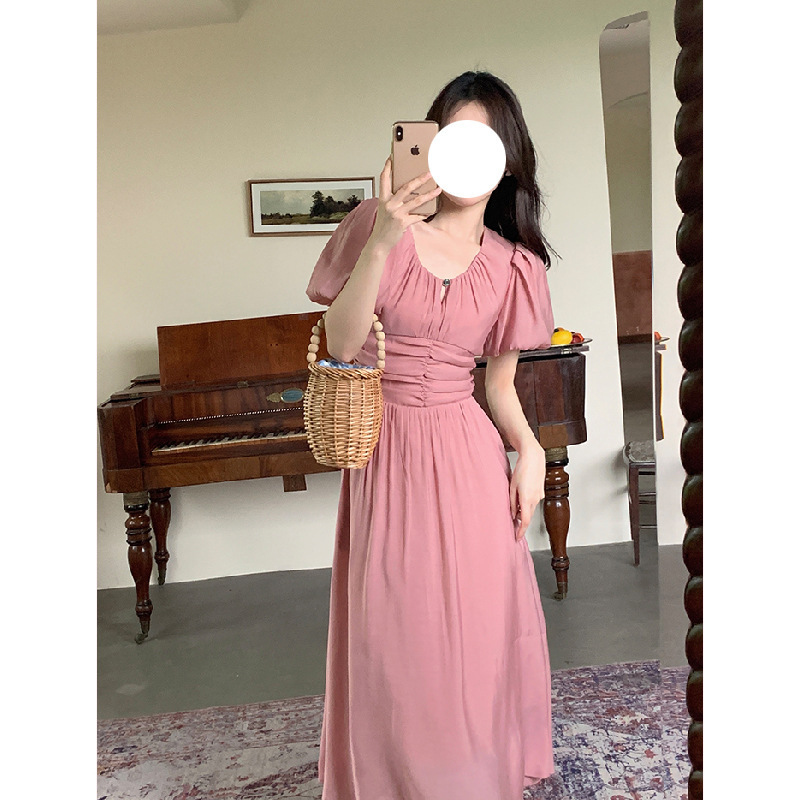 Women's Summer Retro Waist Puff Sleeves Pleated French Mid-Length Princess Dress — изображение 5