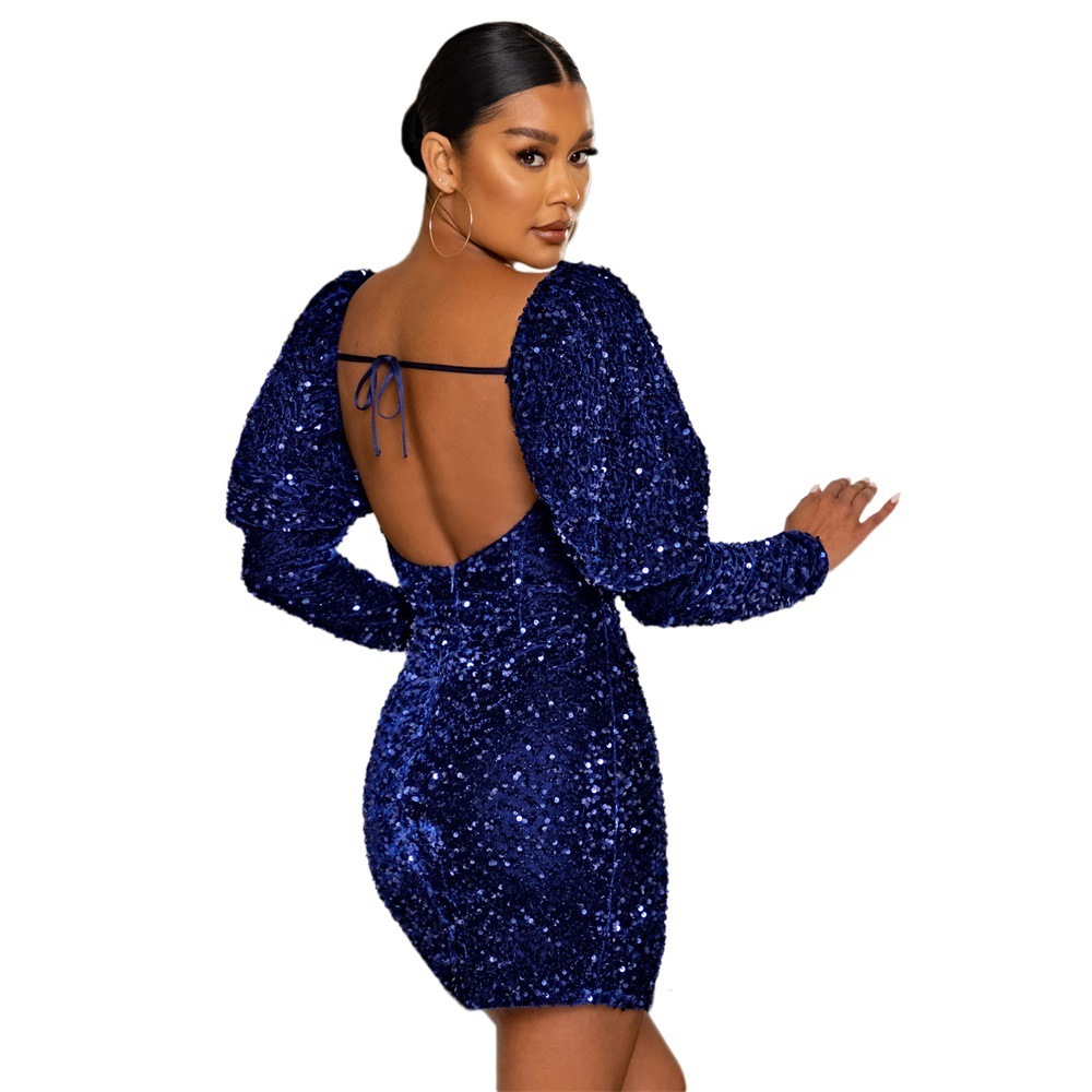 Sequined Backless Padded Shoulder Puff Sleeve Party Women's Dress - Image 5