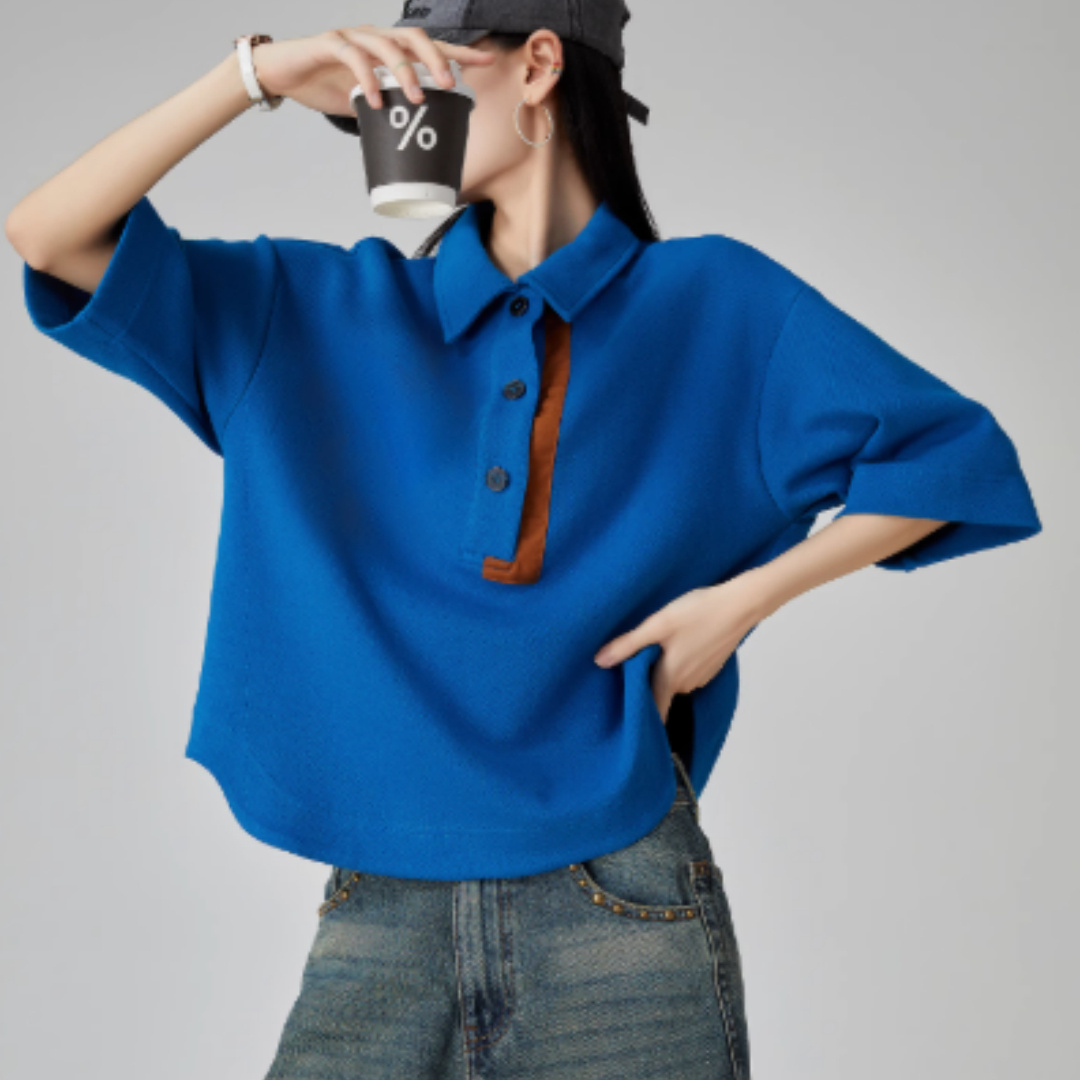 Klein Blue Lapel Contrast Color Pullover T-shirt For Women - Image 5