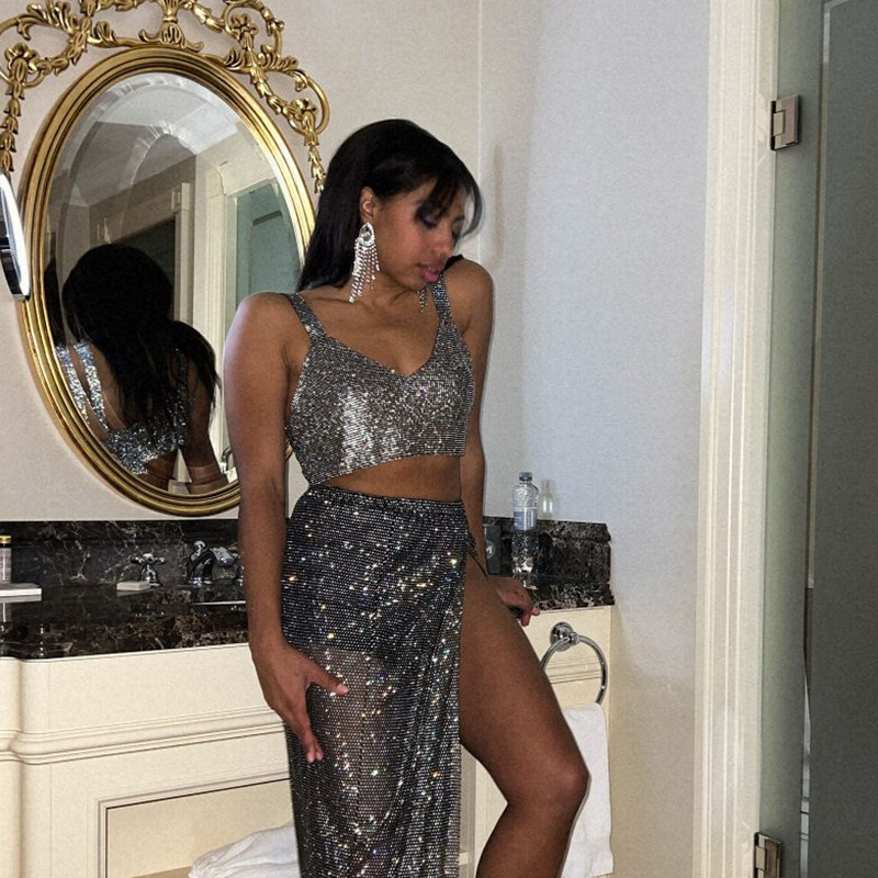 Deep V Sexy Rhinestone Metal Camisole Split Short Top – Bild 4