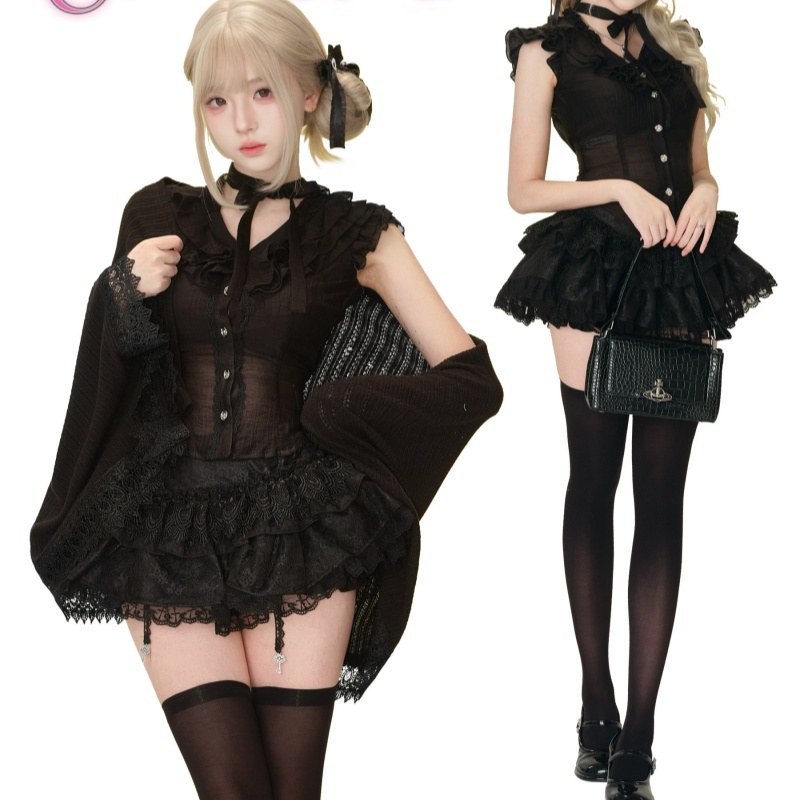 Summer Women's Black Micro Transparent Top Black Lace Cake Dress Shawl — изображение 2