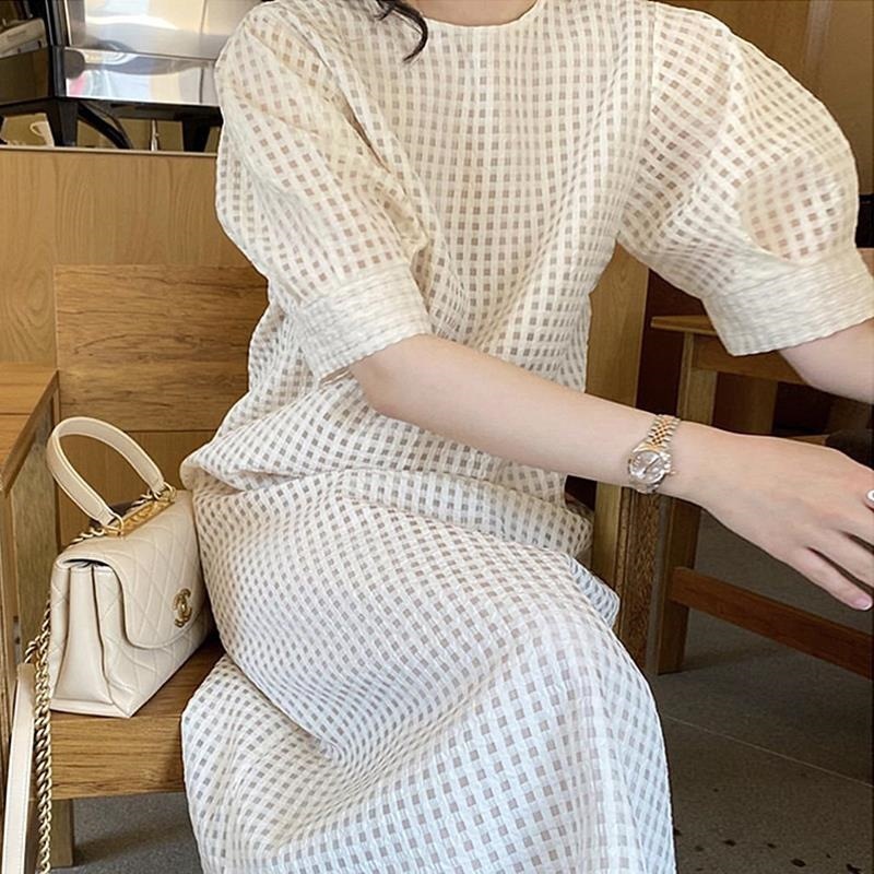 Mesh Textured Over-the-knee Puff-sleeve Dress - Image 3