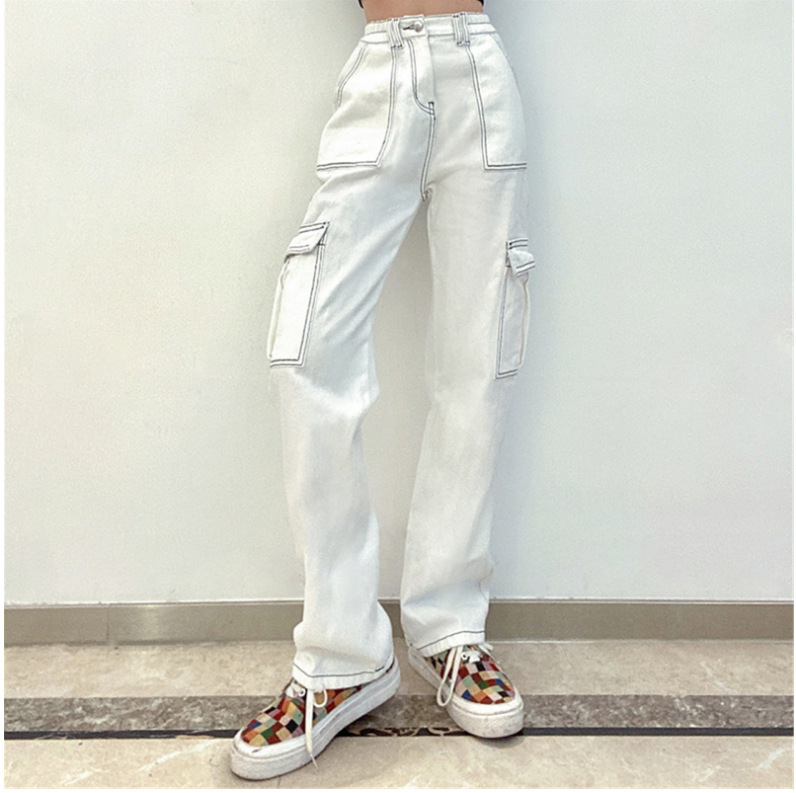 Stylish Multi-pocket Workwear Straight-leg Trousers High Waist Jeans - Image 10