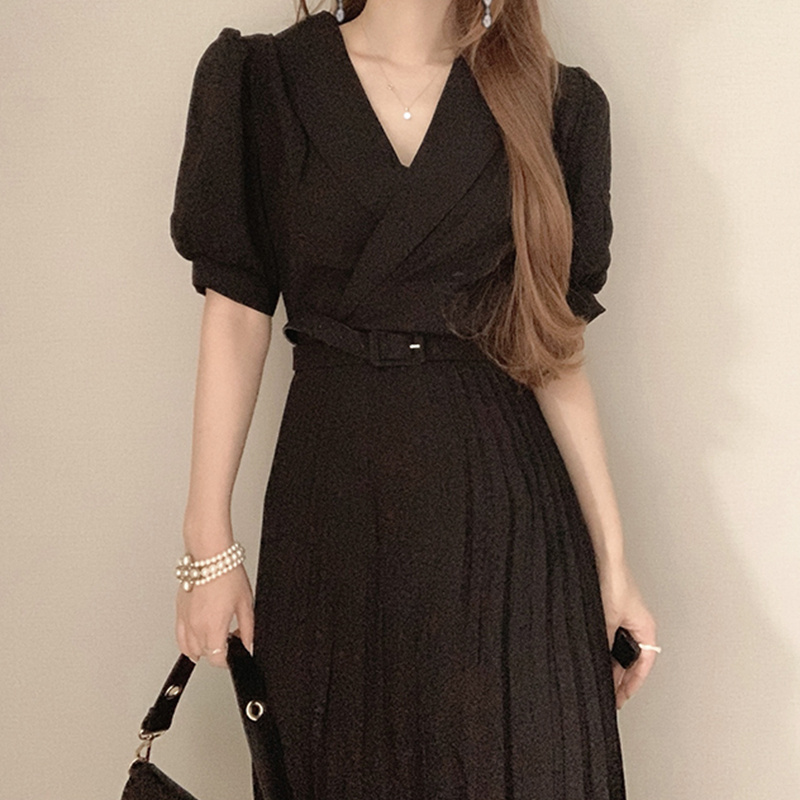 Waist Slim Puff Sleeve Pleated Dress With Belt - Image 6