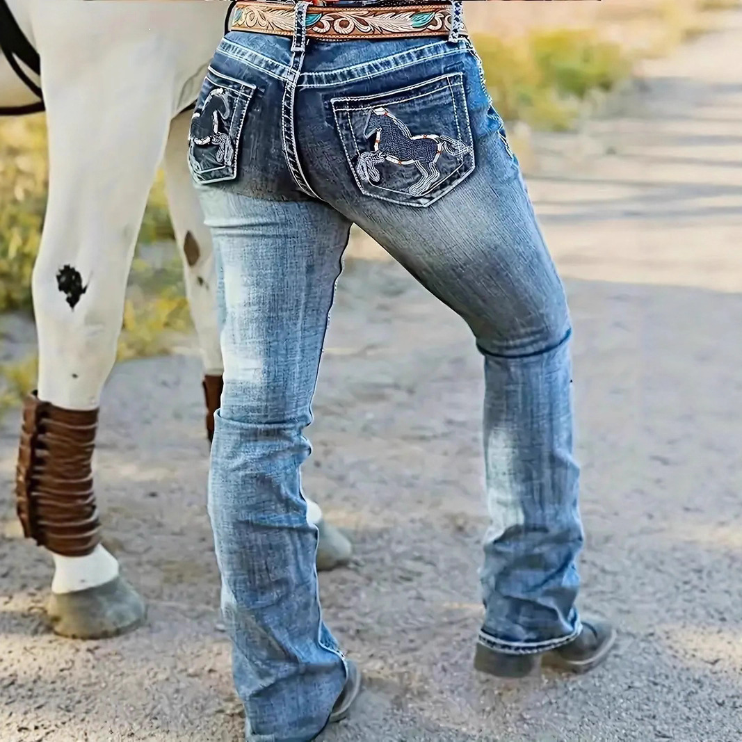 Hatchet Man Embroidery Women's High Waist Stretch Heavy Industry Washed Denim Straight-leg Trousers – Bild 4