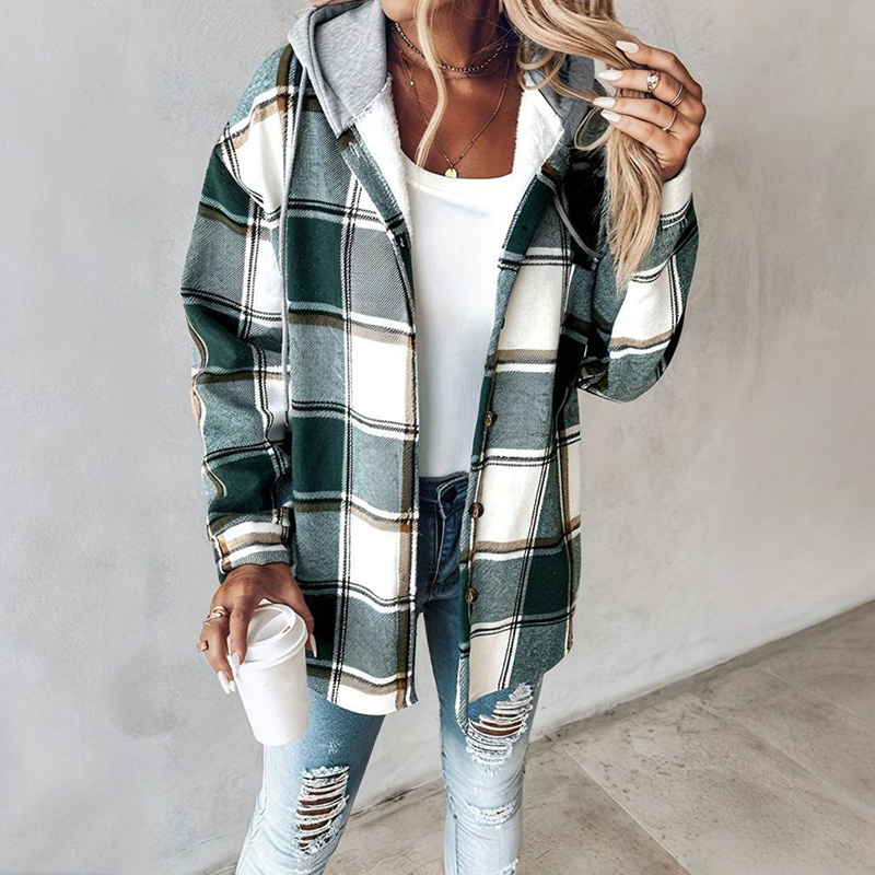 Women's Plaid Hoodie Long Sleeve Jacket Button Drawstring Casual Fall Shirts Shacket With Pocket - Image 4