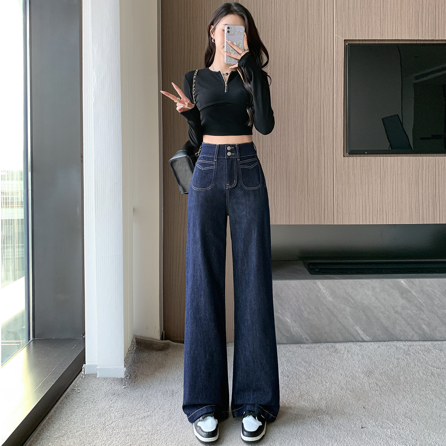 Retro Wide Leg Jeans Women's Spring And Autumn Loose Small High Waist Straight - Image 4
