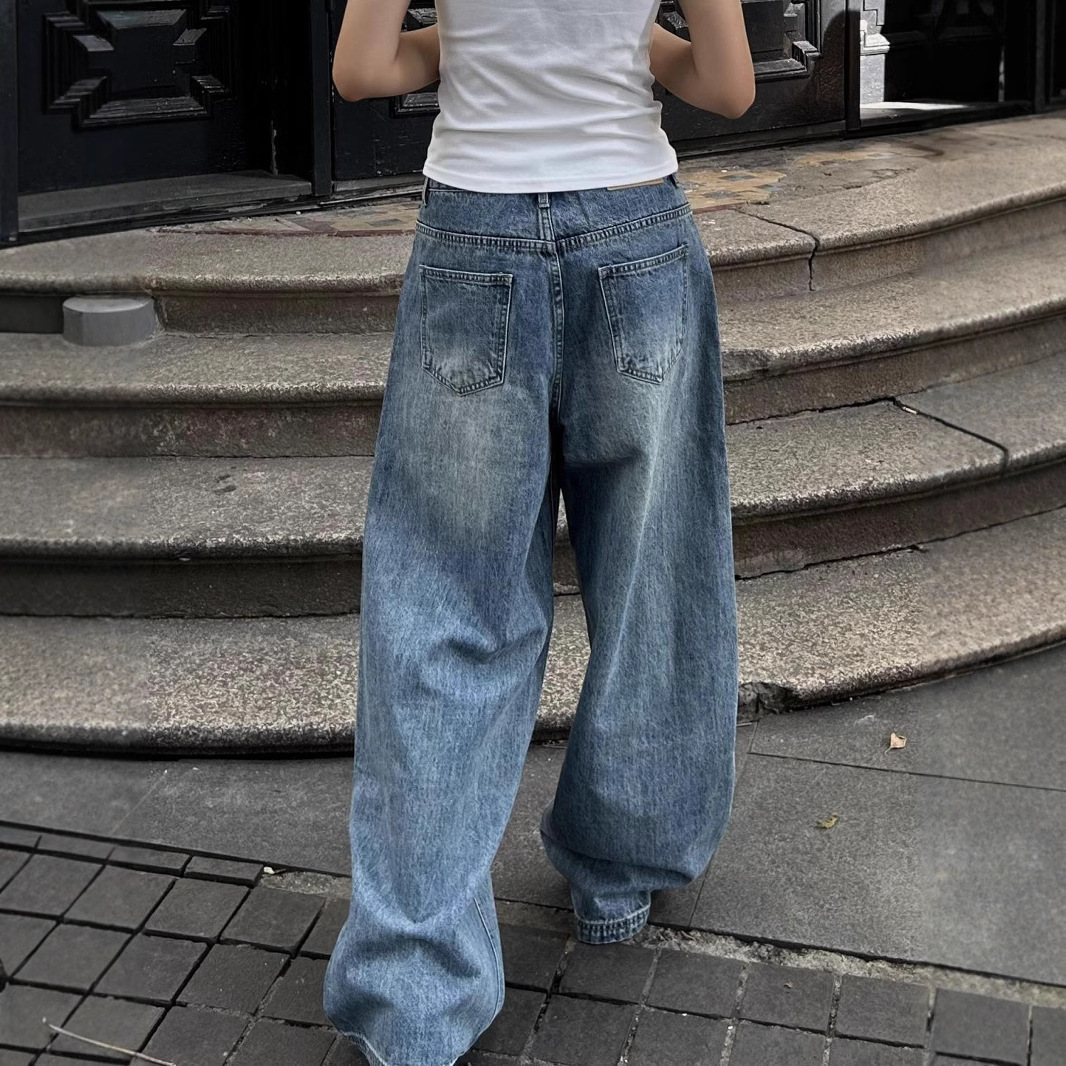 Retro Washed Wide Leg Worn Jeans Women's Straight Casual Pants - Image 5