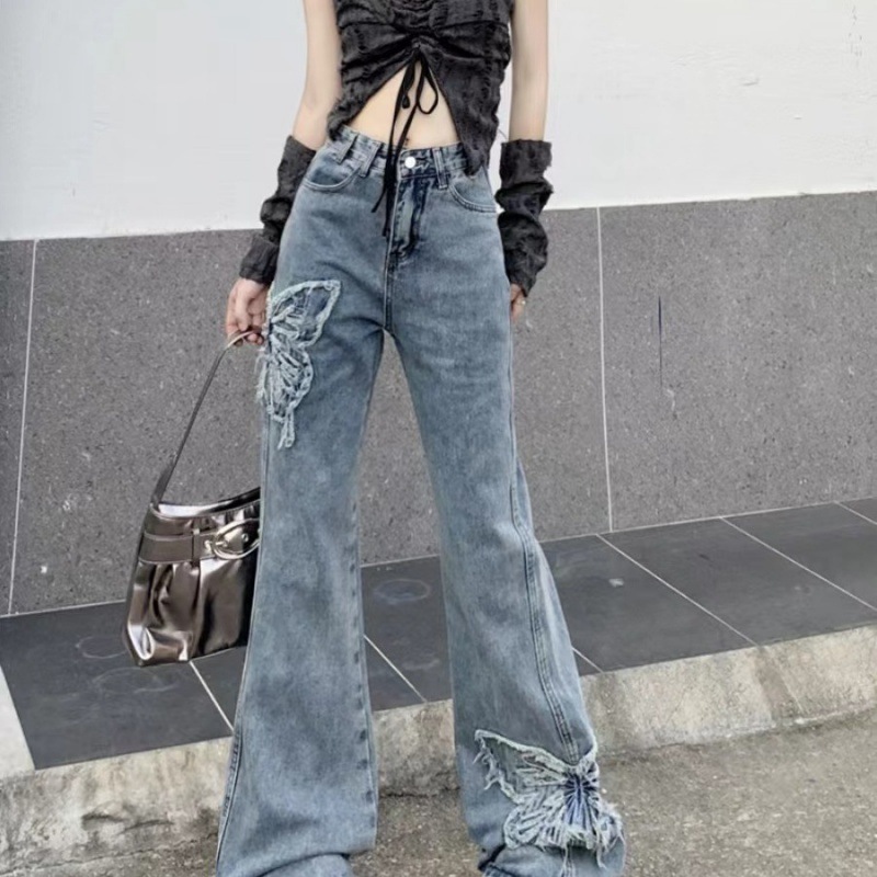 Retro Butterfly Embroidered Jeans High Waist Wash Slightly Flared Mop - Image 2
