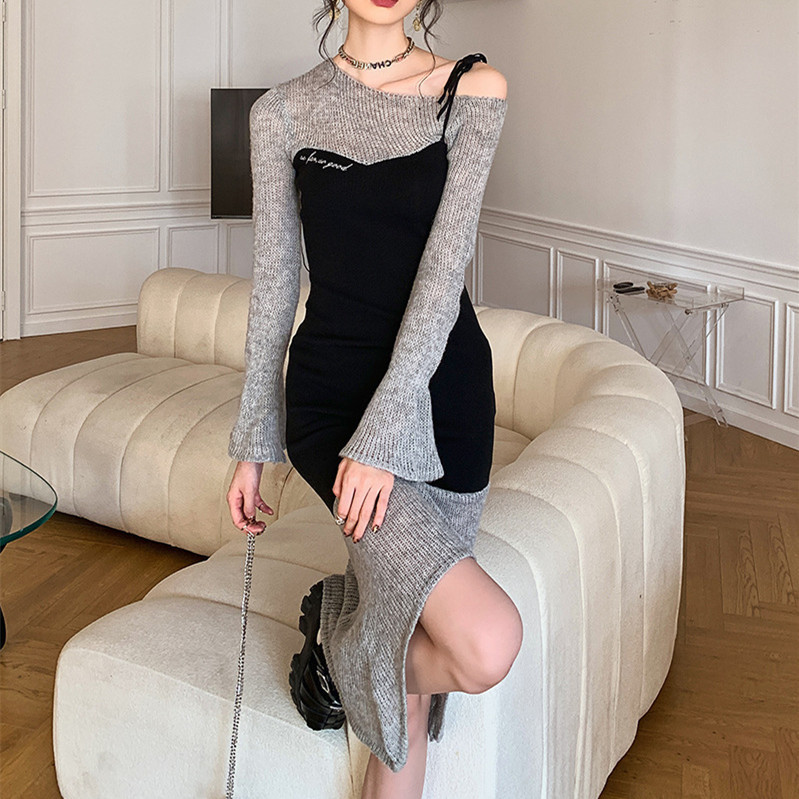 Women's Fashion Splicing Irregular Fishtail Wool Knitted Halter Dress – Bild 5