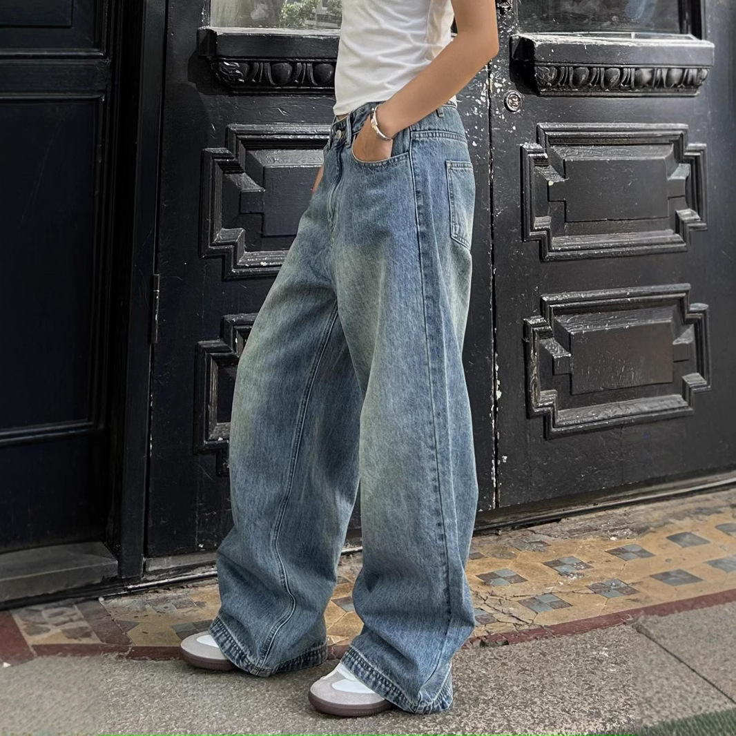 Retro Washed Wide Leg Worn Jeans Women's Straight Casual Pants - Image 4
