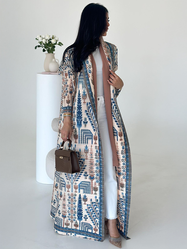 Pleated Print Cardigan Long Coat Arabic Robe Plus Size - Image 10