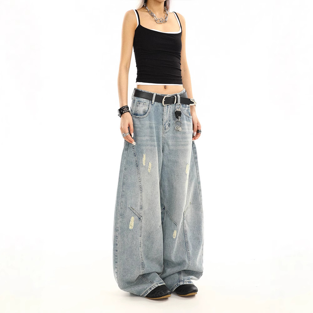 Retro Washed Distressed Loose Straight-leg Wide-leg Pants - Image 3