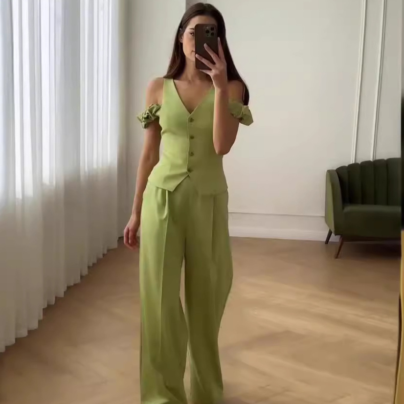 Women's Commuter High Waist Trendy Solid Color Short Sleeve Casual Two-piece Suit - Image 2