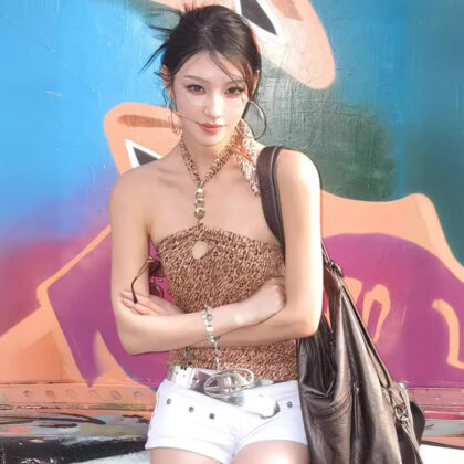 Halter Graceful Vest Leopard-print Slim-fit Off-the-shoulder Lace-up Top