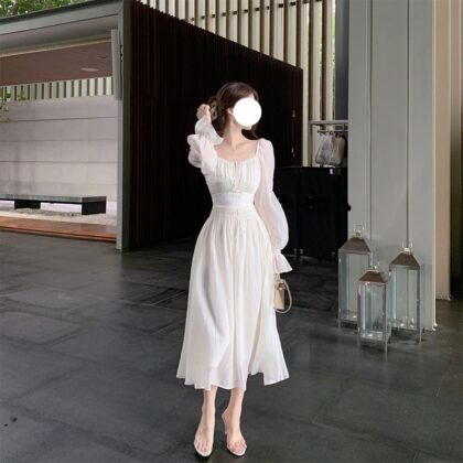 Women's Square Neck White Bubble Sleeved Dress With Waistband Length