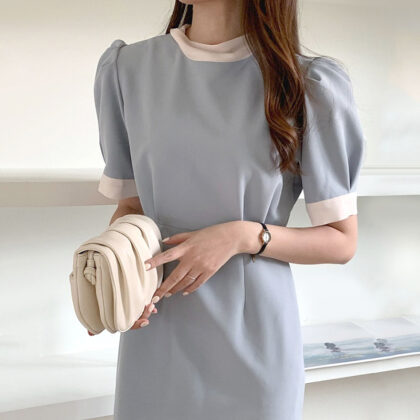 Women's Stand Collar Waist Slim Puff Sleeve Hip Dress