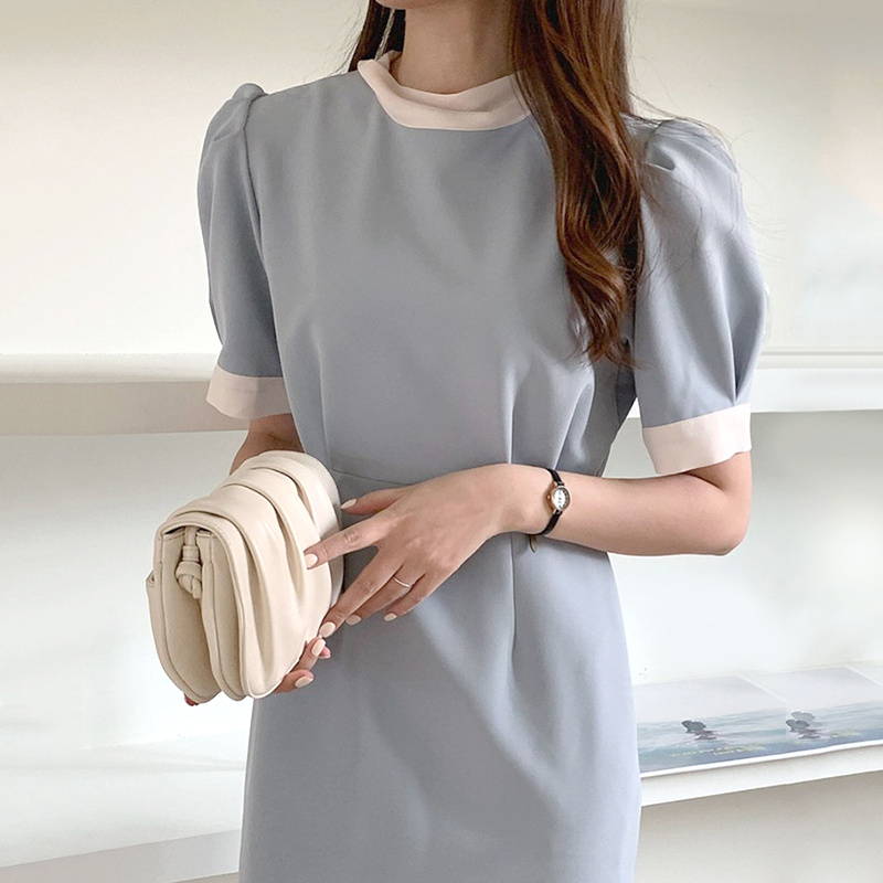 Women's Stand Collar Waist Slim Puff Sleeve Hip Dress