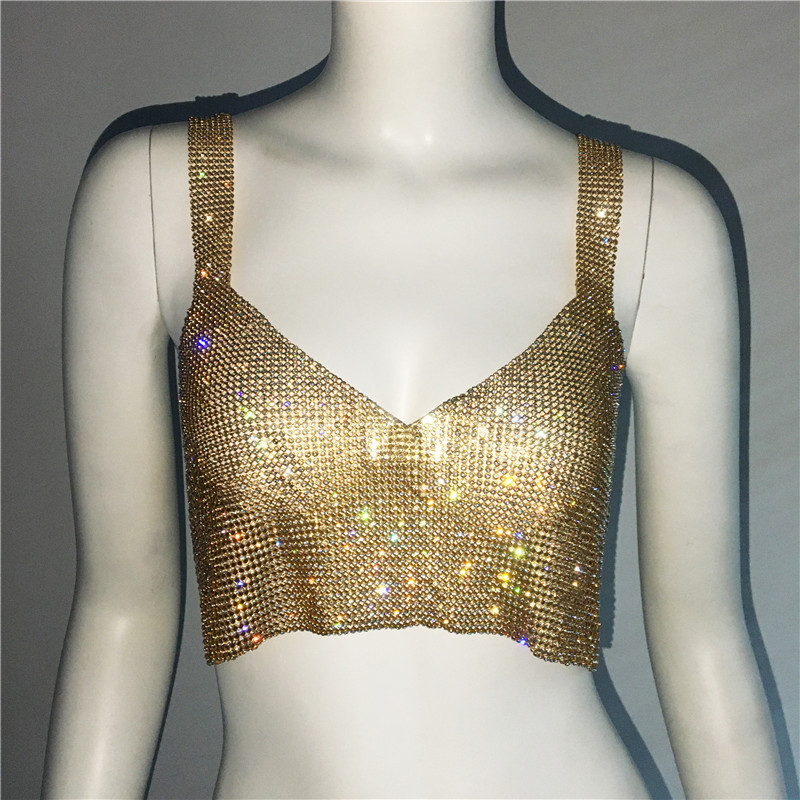 Deep V Sexy Rhinestone Metal Camisole Split Short Top – Bild 5