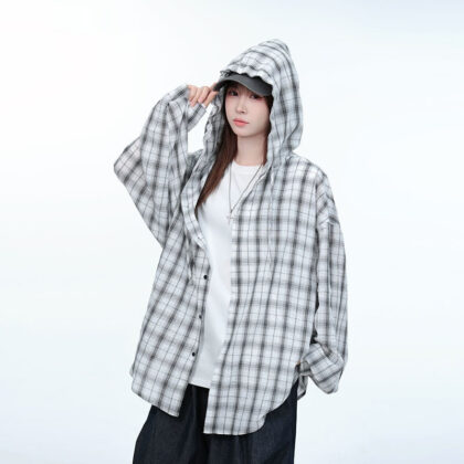 Hooded Plaid Long-sleeved Shirt Baggy Coat Retro Casual