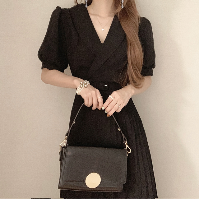 Waist Slim Puff Sleeve Pleated Dress With Belt - Image 3