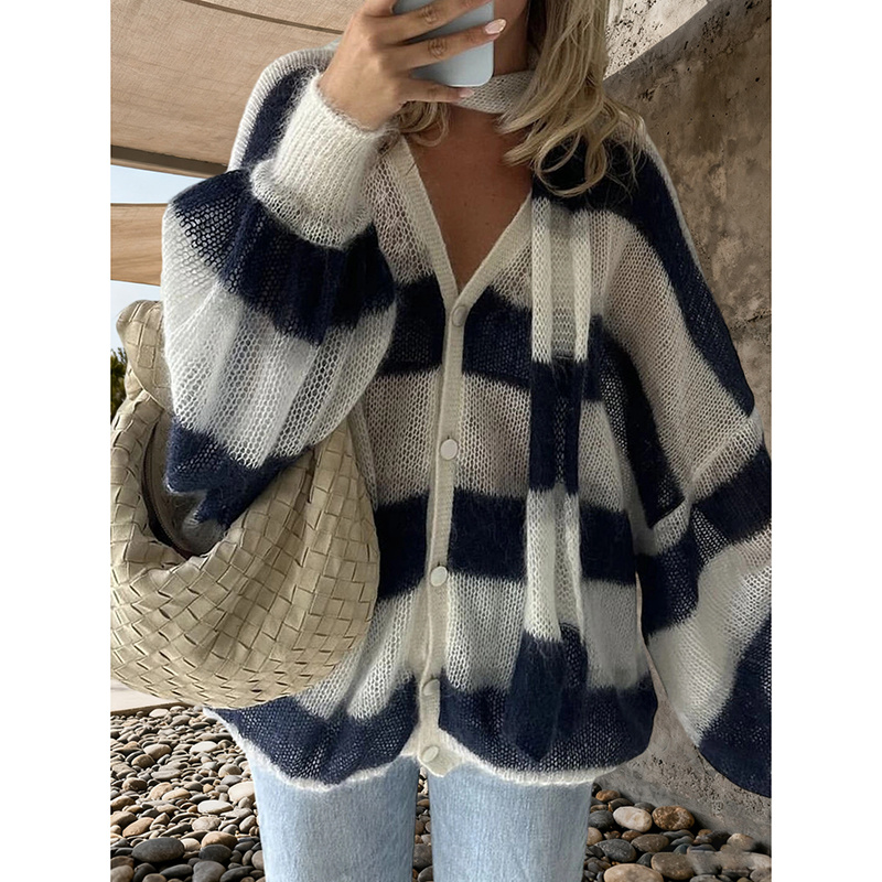 Womens Striped Cardigan Sweaters V Neck Open Front Button Up Color Block Loose Coats With Scarf – Bild 3