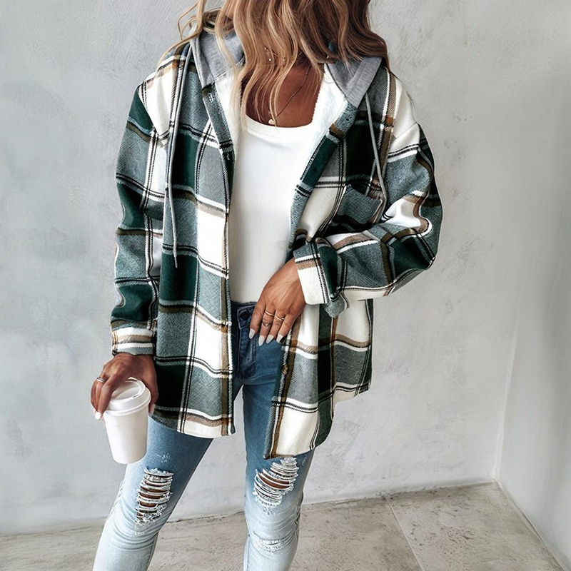 Women's Plaid Hoodie Long Sleeve Jacket Button Drawstring Casual Fall Shirts Shacket With Pocket - Image 3