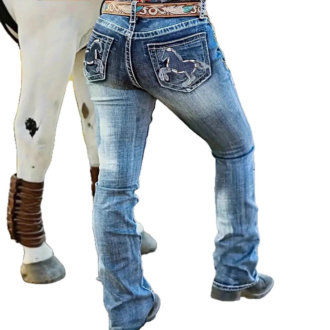 Hatchet Man Embroidery Women's High Waist Stretch Heavy Industry Washed Denim Straight-leg Trousers – Bild 5