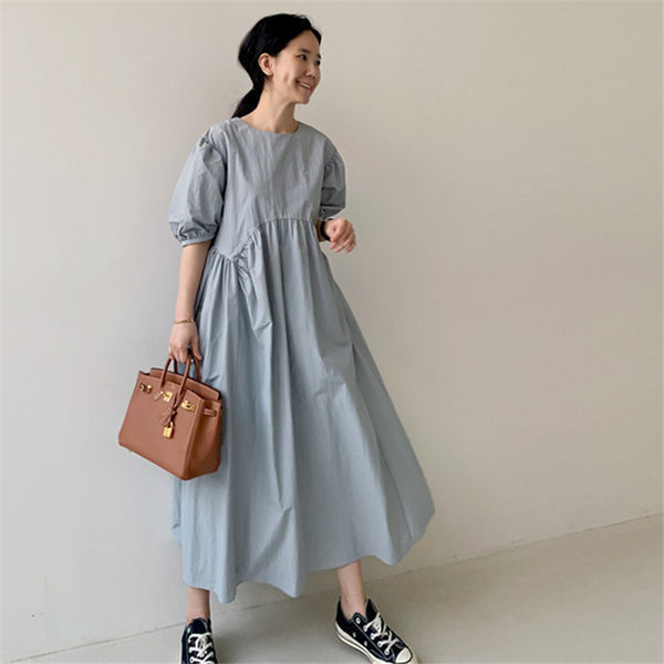 Summer New Style Puff Sleeve Loose Large Size High Waist Over Knee Long Pleated Doll Dress - Image 7
