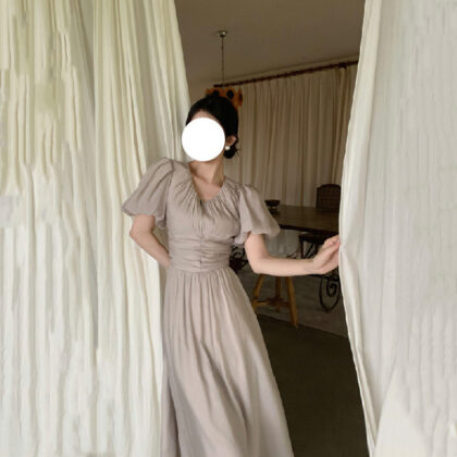 Women's Summer Retro Waist Puff Sleeves Pleated French Mid-Length Princess Dress
