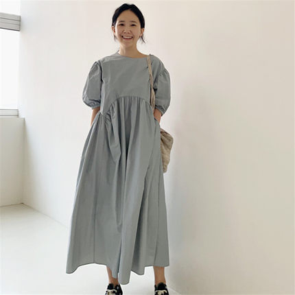 Summer New Style Puff Sleeve Loose Large Size High Waist Over Knee Long Pleated Doll Dress