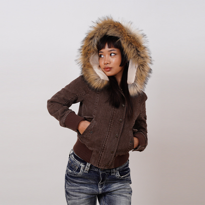 American Detachable Short Fur Collar Hooded PNE-piece Suit Jacket Coat - Image 6