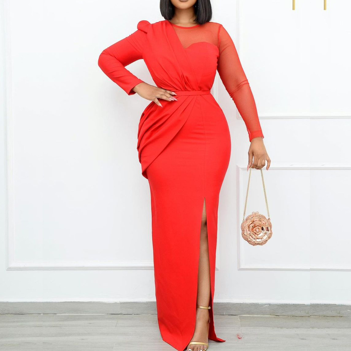 Women's Mesh Stitching Solid Color Long Dress – Bild 6