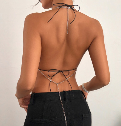 Sling Fishnet Rhinestone Halter Top Metal Decoration Two-piece Set - Image 4