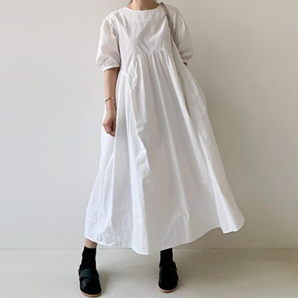 Summer New Style Puff Sleeve Loose Large Size High Waist Over Knee Long Pleated Doll Dress - Image 3
