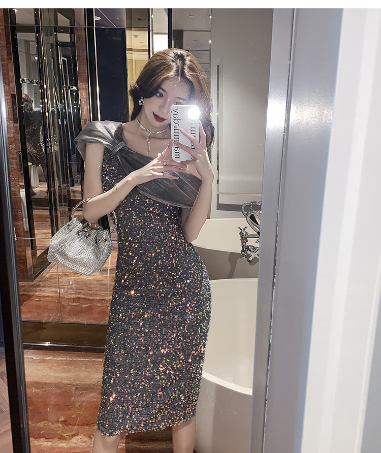 Organza Oblique Shoulder Dress Pencil Skirt Dress - Image 8